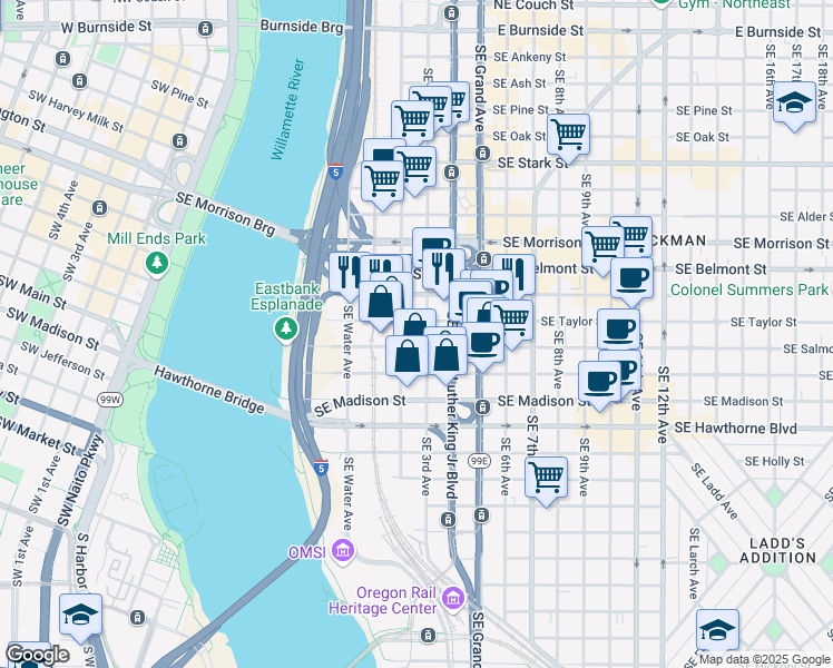 map of restaurants, bars, coffee shops, grocery stores, and more near 353 Southeast Salmon Street in Portland