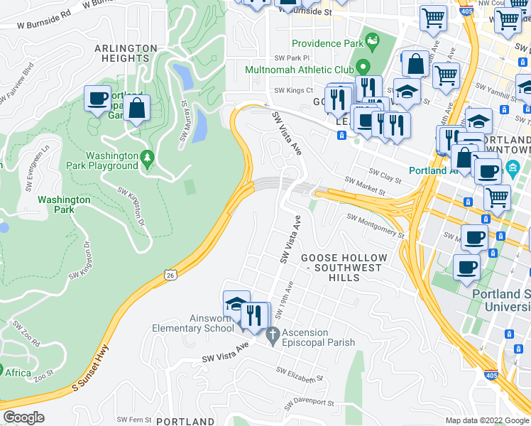 map of restaurants, bars, coffee shops, grocery stores, and more near 1863 Southwest Montgomery Place in Portland