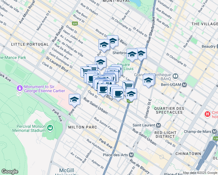 map of restaurants, bars, coffee shops, grocery stores, and more near 73 Rue Prince-Arthur Est in Montréal