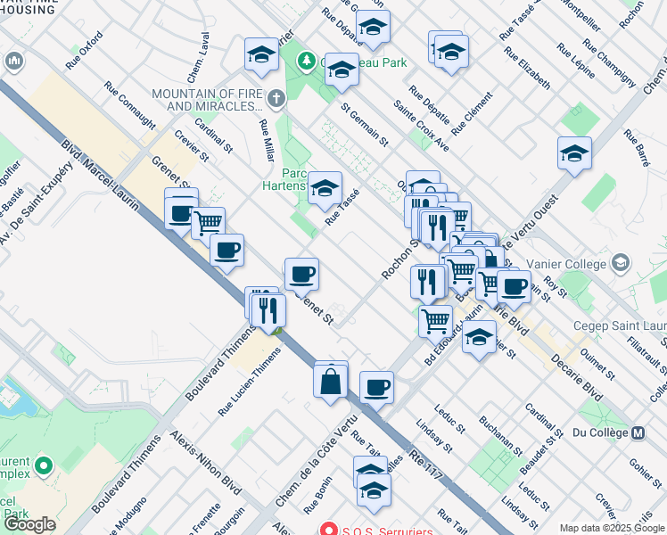 map of restaurants, bars, coffee shops, grocery stores, and more near 1305 Rue Crevier in Montréal