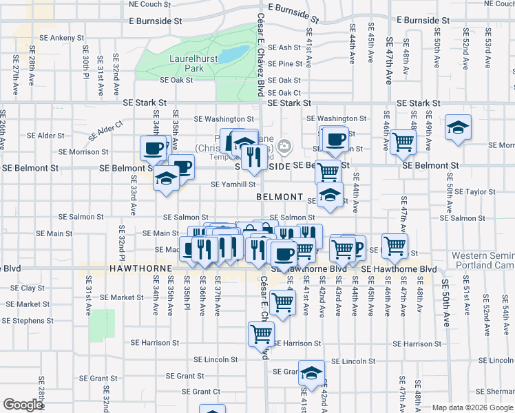 map of restaurants, bars, coffee shops, grocery stores, and more near 3866 Southeast Taylor Street in Portland