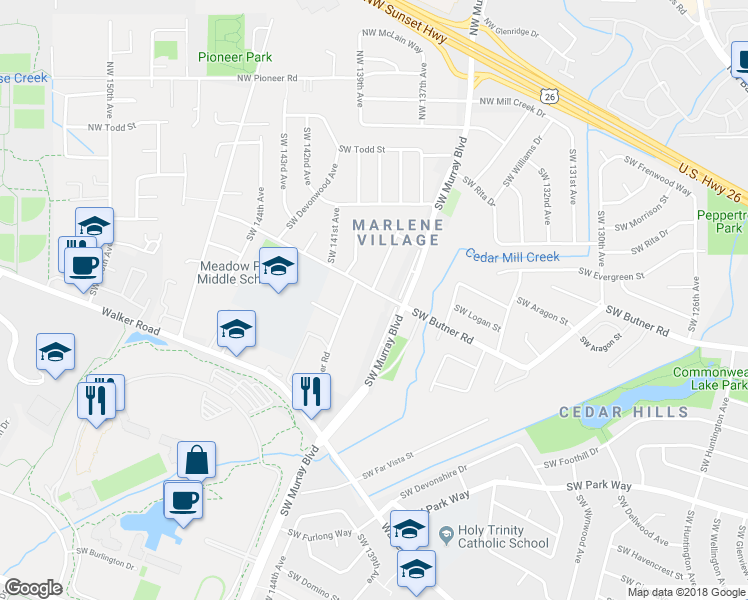 map of restaurants, bars, coffee shops, grocery stores, and more near 13890 Southwest Butner Road in Beaverton