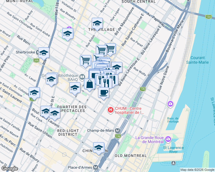 map of restaurants, bars, coffee shops, grocery stores, and more near 1216 Rue Saint-Hubert in Montréal