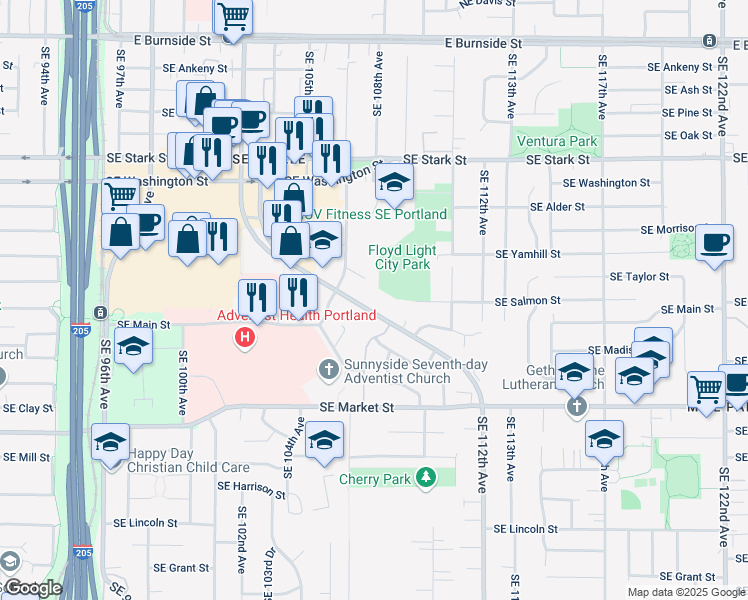 map of restaurants, bars, coffee shops, grocery stores, and more near 10721 Southeast Cherry Blossom Drive in Portland