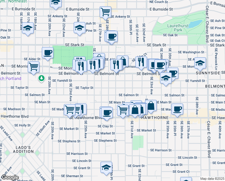 map of restaurants, bars, coffee shops, grocery stores, and more near 2828 Southeast Taylor Street in Portland