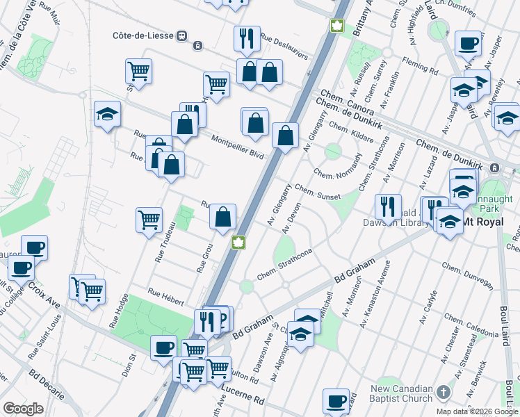 map of restaurants, bars, coffee shops, grocery stores, and more near 3114 Chemin de la Côte-de-Liesse in Mont-Royal