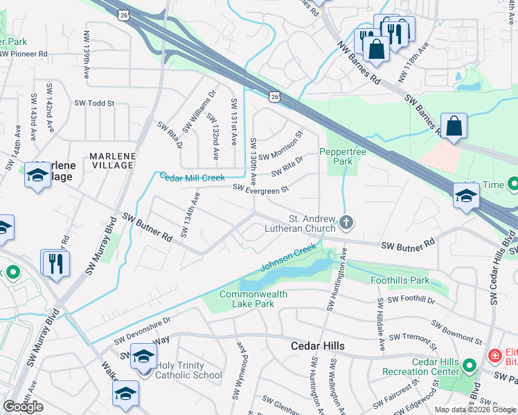 map of restaurants, bars, coffee shops, grocery stores, and more near 12935 Southwest Butner Road in Beaverton