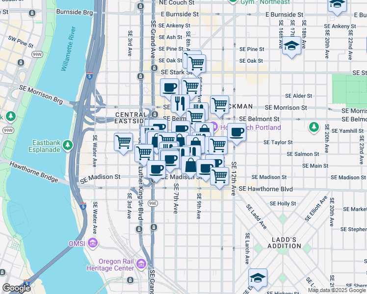 map of restaurants, bars, coffee shops, grocery stores, and more near in Portland
