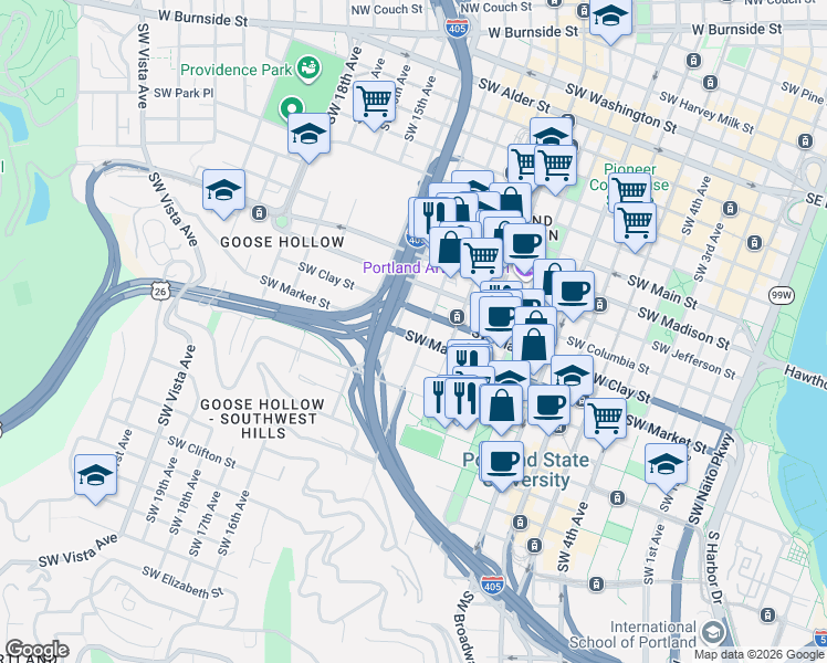 map of restaurants, bars, coffee shops, grocery stores, and more near 1515 Southwest 12th Avenue in Portland