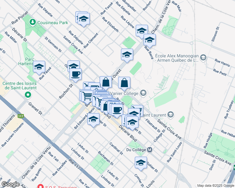map of restaurants, bars, coffee shops, grocery stores, and more near 920 Rue Saint François Xavier in Montréal