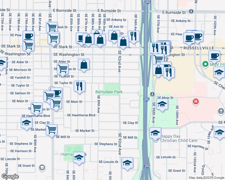 map of restaurants, bars, coffee shops, grocery stores, and more near 9004 Southeast Taylor Street in Portland