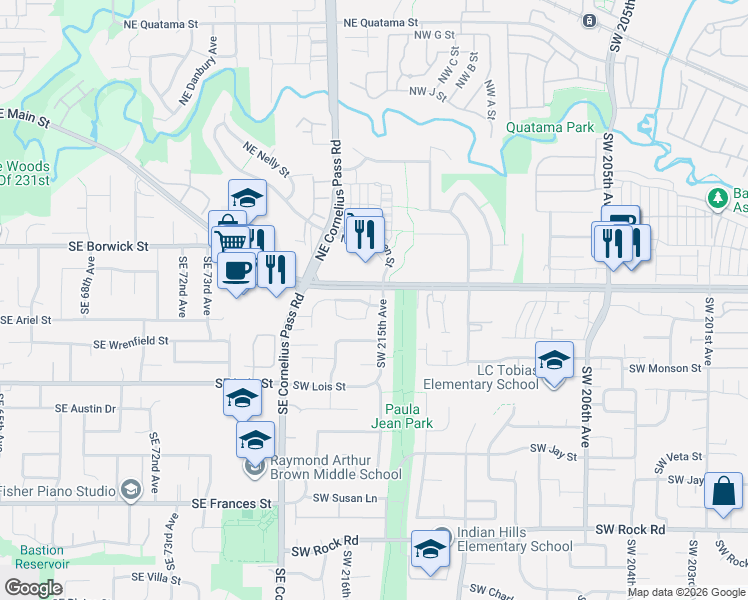 map of restaurants, bars, coffee shops, grocery stores, and more near 21525 Southwest Frammy Way in Beaverton