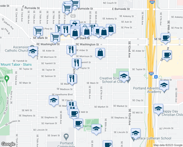 map of restaurants, bars, coffee shops, grocery stores, and more near 1167 Southeast 86th Avenue in Portland