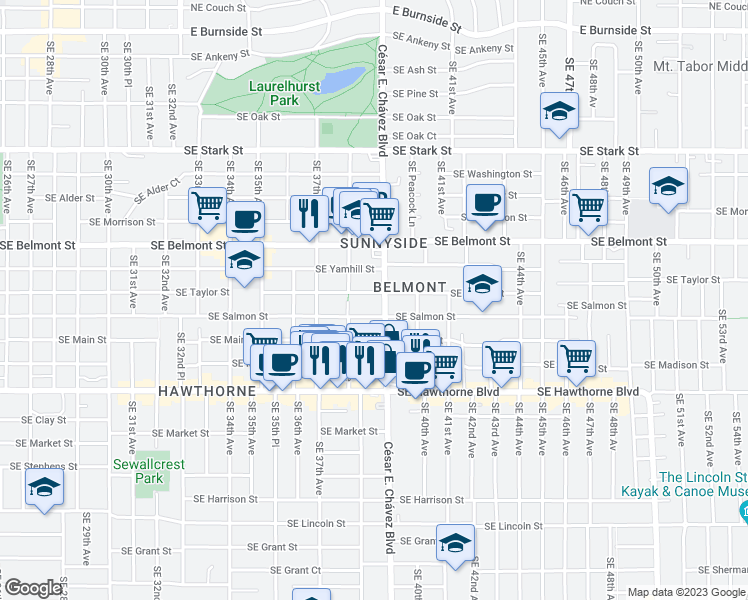 map of restaurants, bars, coffee shops, grocery stores, and more near 3855 Southeast Salmon Street in Portland