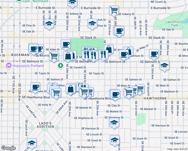 map of restaurants, bars, coffee shops, grocery stores, and more near 2345 Southeast Salmon Street in Portland