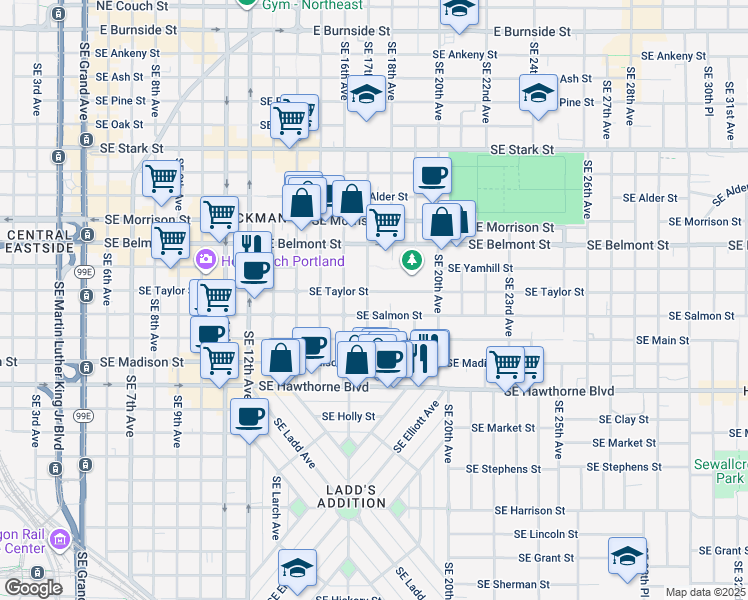 map of restaurants, bars, coffee shops, grocery stores, and more near 1621-1623 Southeast Salmon Street in Portland