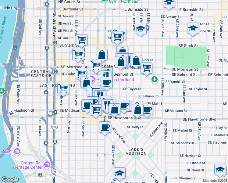map of restaurants, bars, coffee shops, grocery stores, and more near 1325 Southeast Salmon Street in Portland