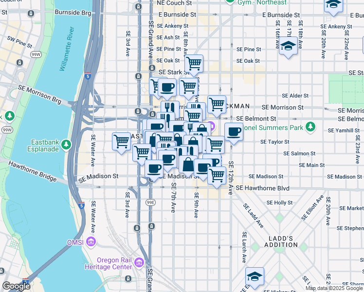 map of restaurants, bars, coffee shops, grocery stores, and more near in Portland