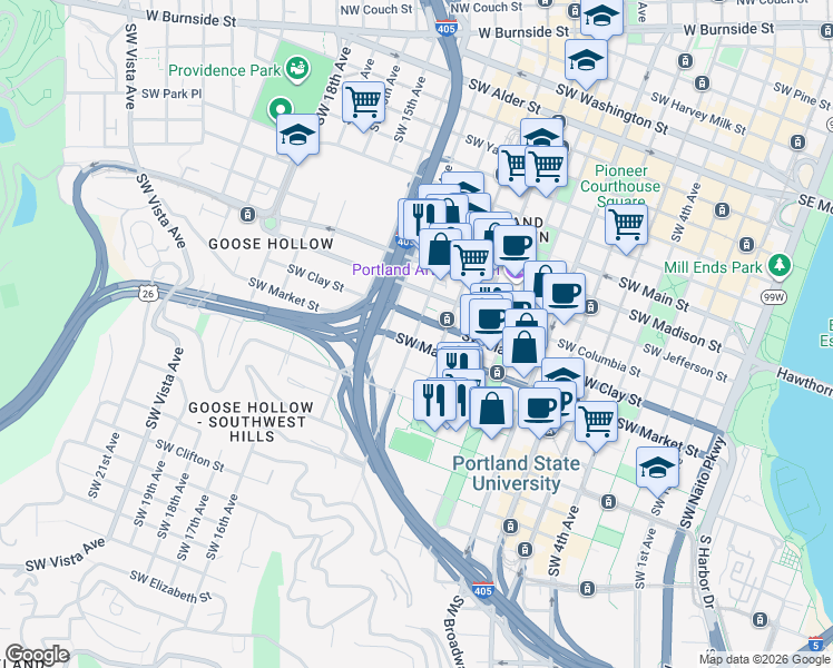 map of restaurants, bars, coffee shops, grocery stores, and more near in Portland