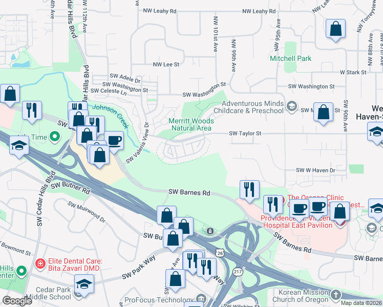map of restaurants, bars, coffee shops, grocery stores, and more near 10254 Southwest Windwood Way in Portland