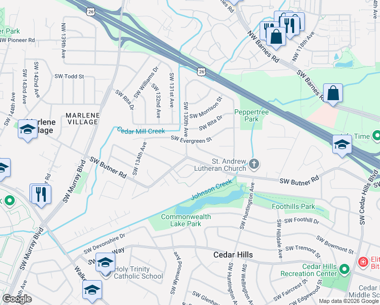map of restaurants, bars, coffee shops, grocery stores, and more near 12935 Southwest Butner Road in Beaverton