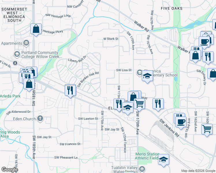 map of restaurants, bars, coffee shops, grocery stores, and more near 725 Southwest 174th Place in Beaverton