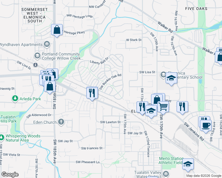 map of restaurants, bars, coffee shops, grocery stores, and more near 826 Southwest Valley Forge Way in Beaverton