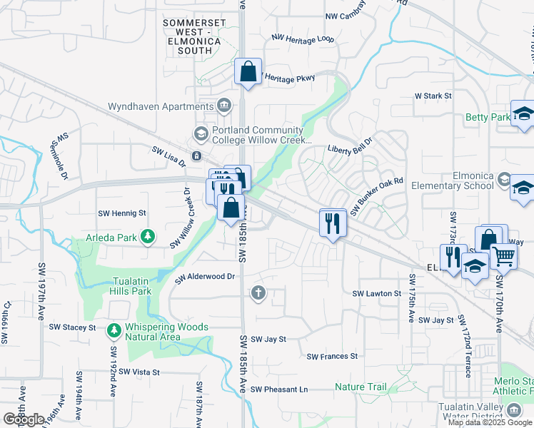 map of restaurants, bars, coffee shops, grocery stores, and more near 18425 Southwest Stepping Stone Drive in Beaverton