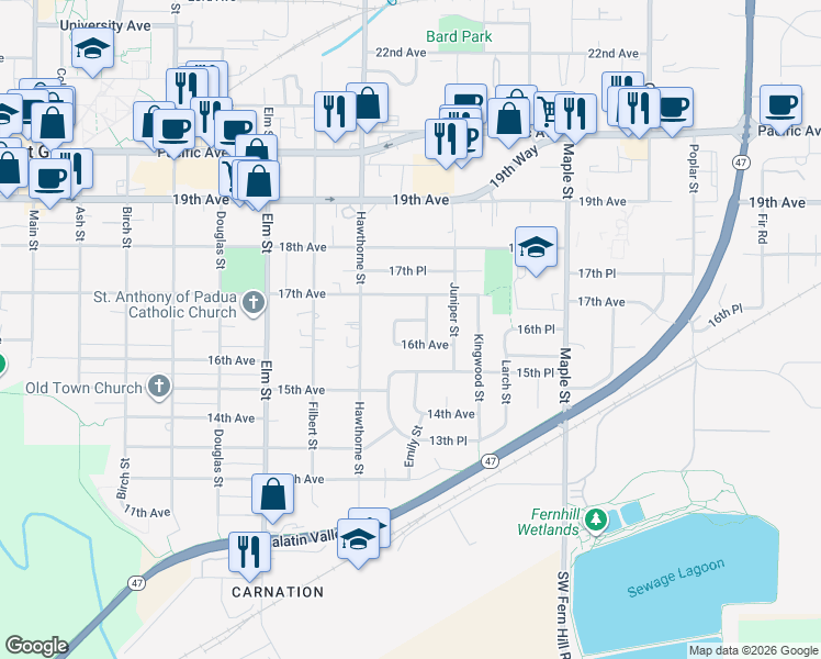 map of restaurants, bars, coffee shops, grocery stores, and more near 2745 16th Avenue in Forest Grove