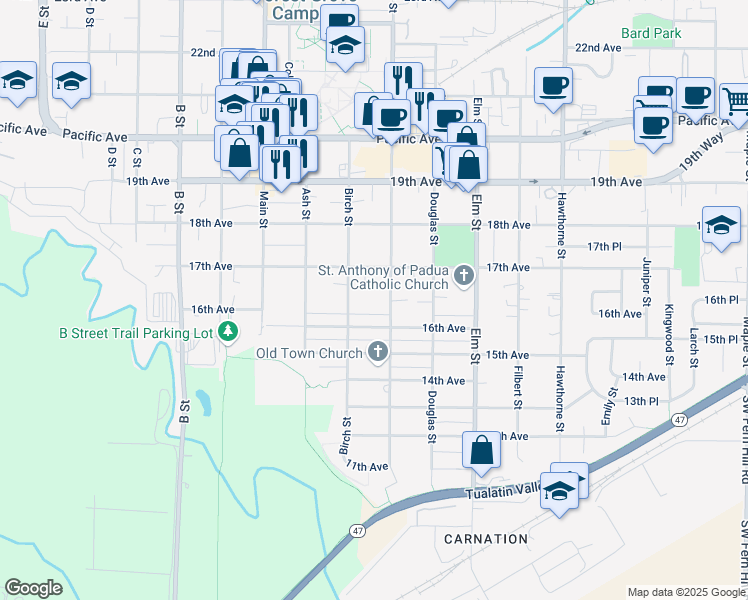 map of restaurants, bars, coffee shops, grocery stores, and more near 1617 Birch Street in Forest Grove