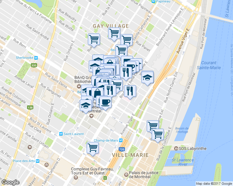 map of restaurants, bars, coffee shops, grocery stores, and more near 1197 Rue Saint-Hubert in Montréal