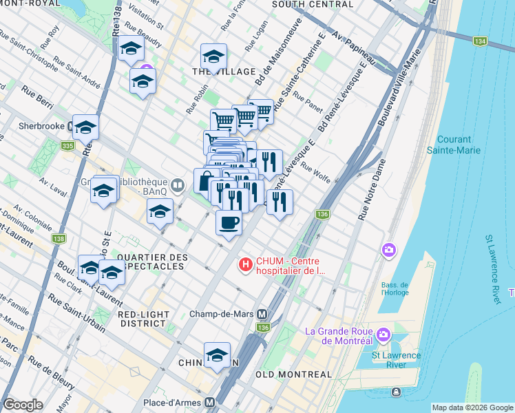 map of restaurants, bars, coffee shops, grocery stores, and more near 825 Boulevard René-Lévesque Est in Montréal