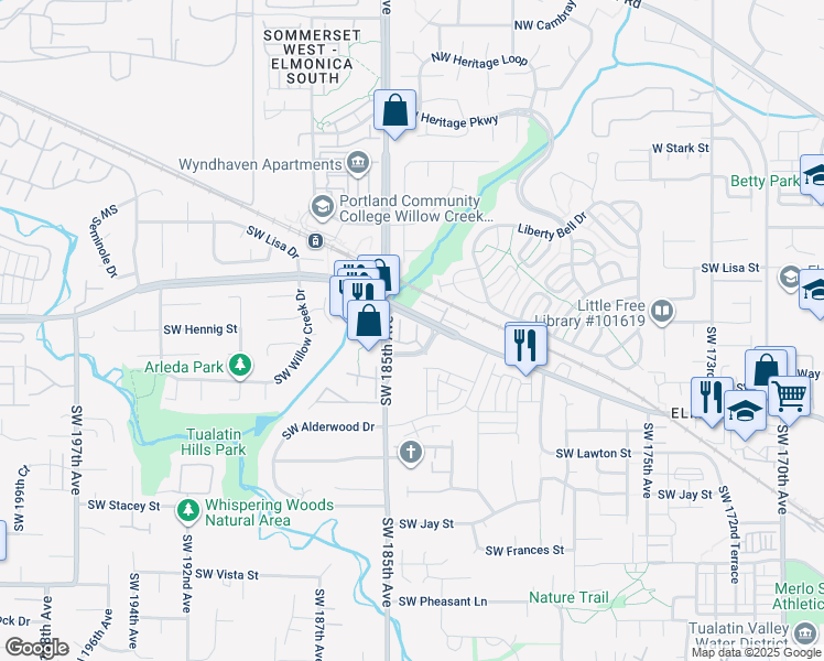 map of restaurants, bars, coffee shops, grocery stores, and more near 18425 Southwest Stepping Stone Drive in Beaverton
