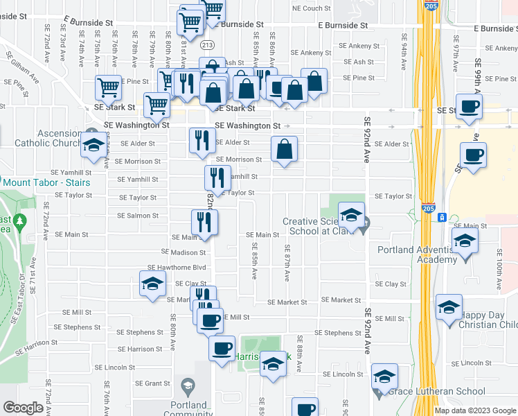 map of restaurants, bars, coffee shops, grocery stores, and more near 1167 Southeast 86th Avenue in Portland