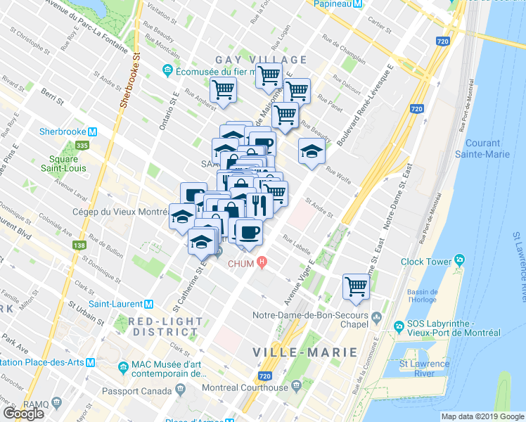 map of restaurants, bars, coffee shops, grocery stores, and more near 1216 Rue Saint-Hubert in Montréal