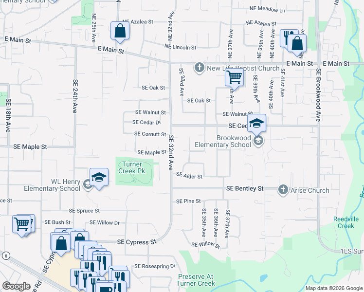 map of restaurants, bars, coffee shops, grocery stores, and more near 3325 Southeast Maple Court in Hillsboro