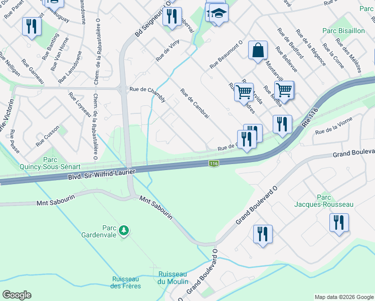 map of restaurants, bars, coffee shops, grocery stores, and more near 1365 Rue des Tilleuls in Saint-Bruno-de-Montarville