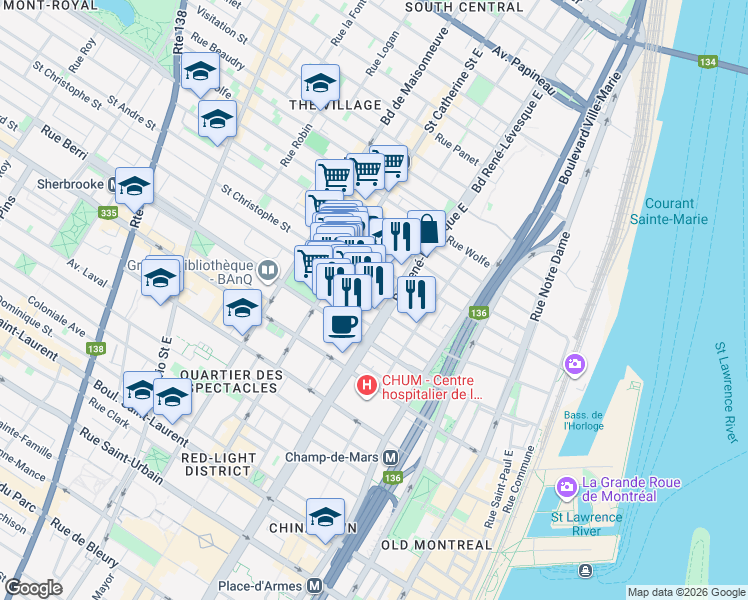 map of restaurants, bars, coffee shops, grocery stores, and more near 1197 Rue Saint-Hubert in Montréal