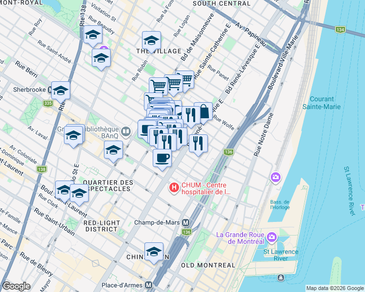 map of restaurants, bars, coffee shops, grocery stores, and more near 825 Boulevard René-Lévesque East in Montréal