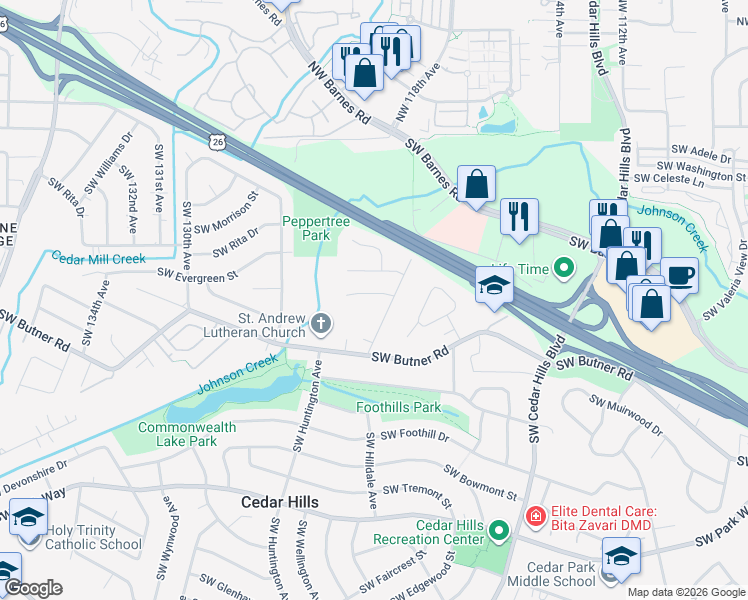 map of restaurants, bars, coffee shops, grocery stores, and more near 12170 Southwest Spring Court in Portland