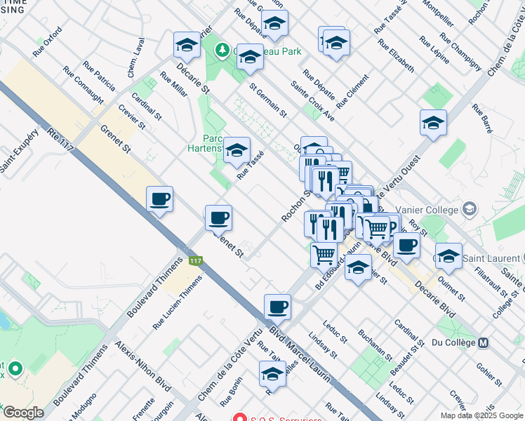 map of restaurants, bars, coffee shops, grocery stores, and more near Rue Cardinal in Montréal