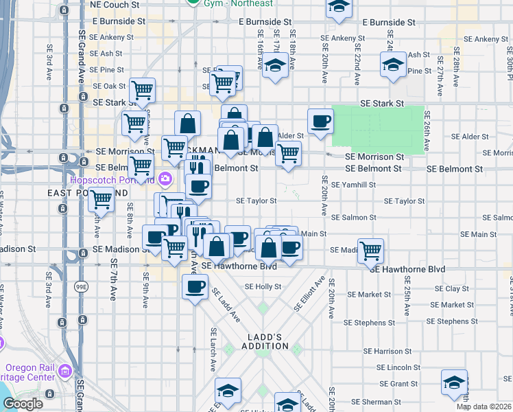 map of restaurants, bars, coffee shops, grocery stores, and more near 1534 Southeast Taylor Street in Portland