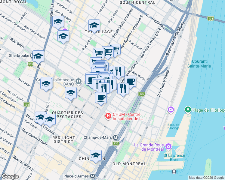 map of restaurants, bars, coffee shops, grocery stores, and more near 825 Boulevard René-Lévesque Est in Montrã©Al