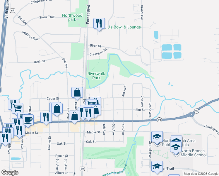 map of restaurants, bars, coffee shops, grocery stores, and more near 39037 Riverside Court in North Branch