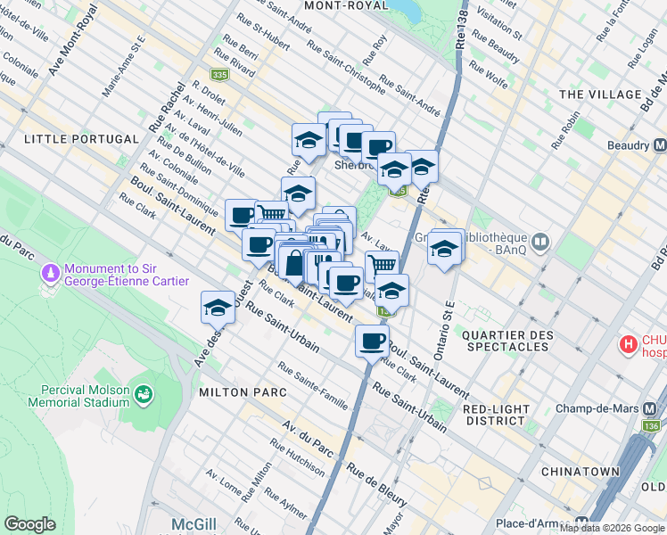 map of restaurants, bars, coffee shops, grocery stores, and more near 102 Rue Prince-Arthur Est in Montréal