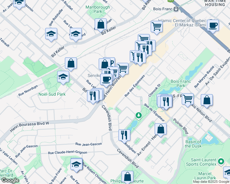 map of restaurants, bars, coffee shops, grocery stores, and more near in Montreal
