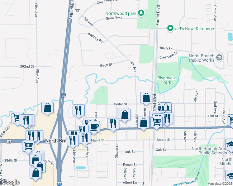 map of restaurants, bars, coffee shops, grocery stores, and more near 6100 Cedar Street in North Branch