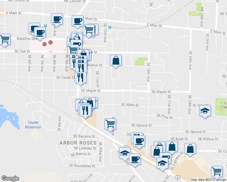 map of restaurants, bars, coffee shops, grocery stores, and more near SE Maple St & SE 13th Ave in Hillsboro