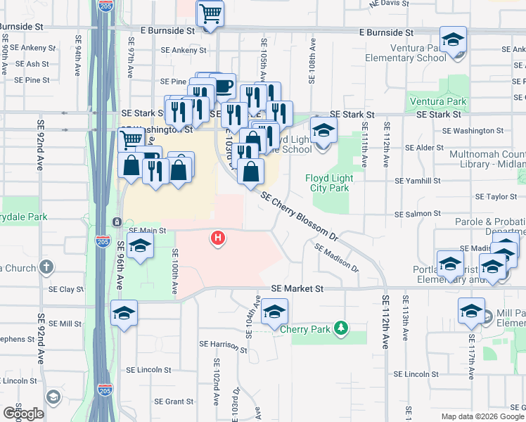 map of restaurants, bars, coffee shops, grocery stores, and more near 10570 Southeast Cherry Blossom Drive in Portland