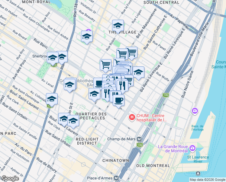map of restaurants, bars, coffee shops, grocery stores, and more near Rue Berri in Montréal